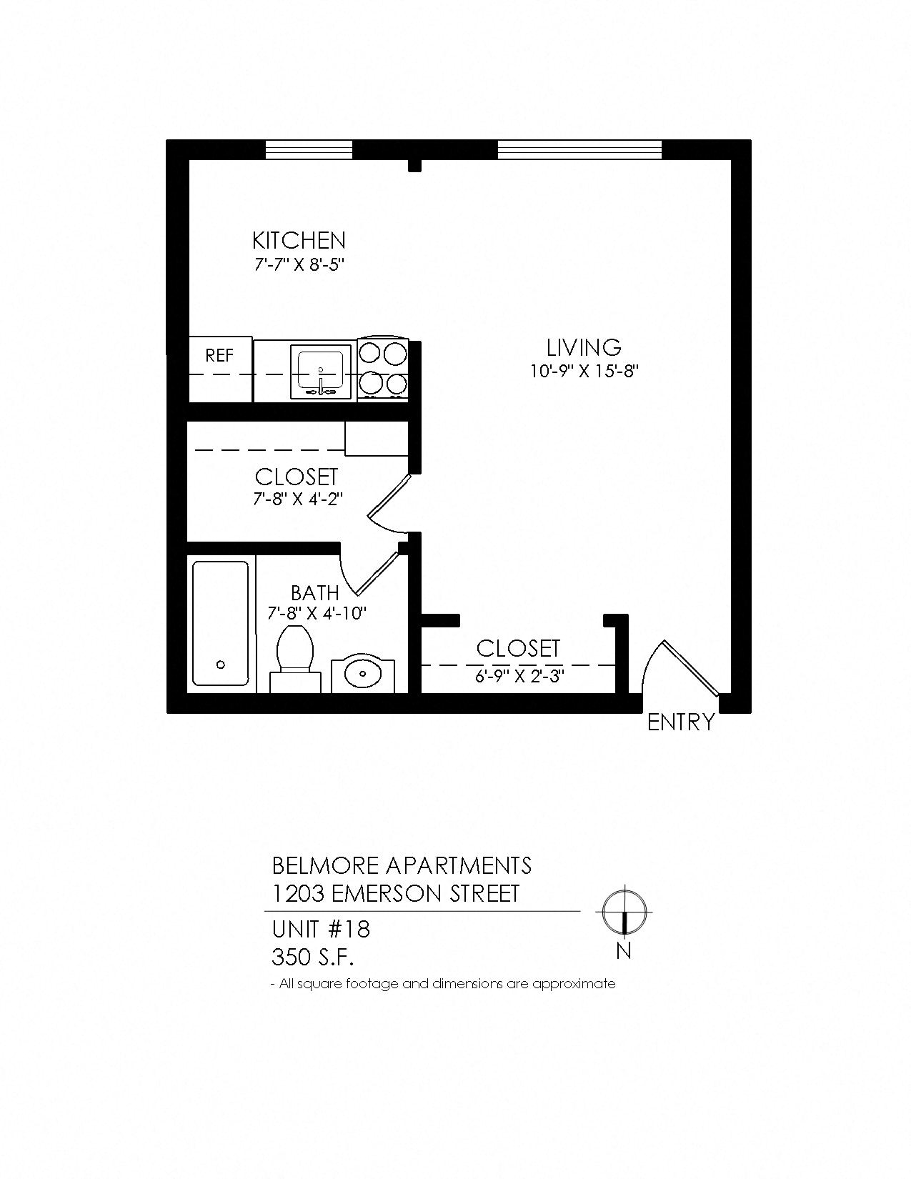 Floor plan for studio, 1 bath, 345 sqft